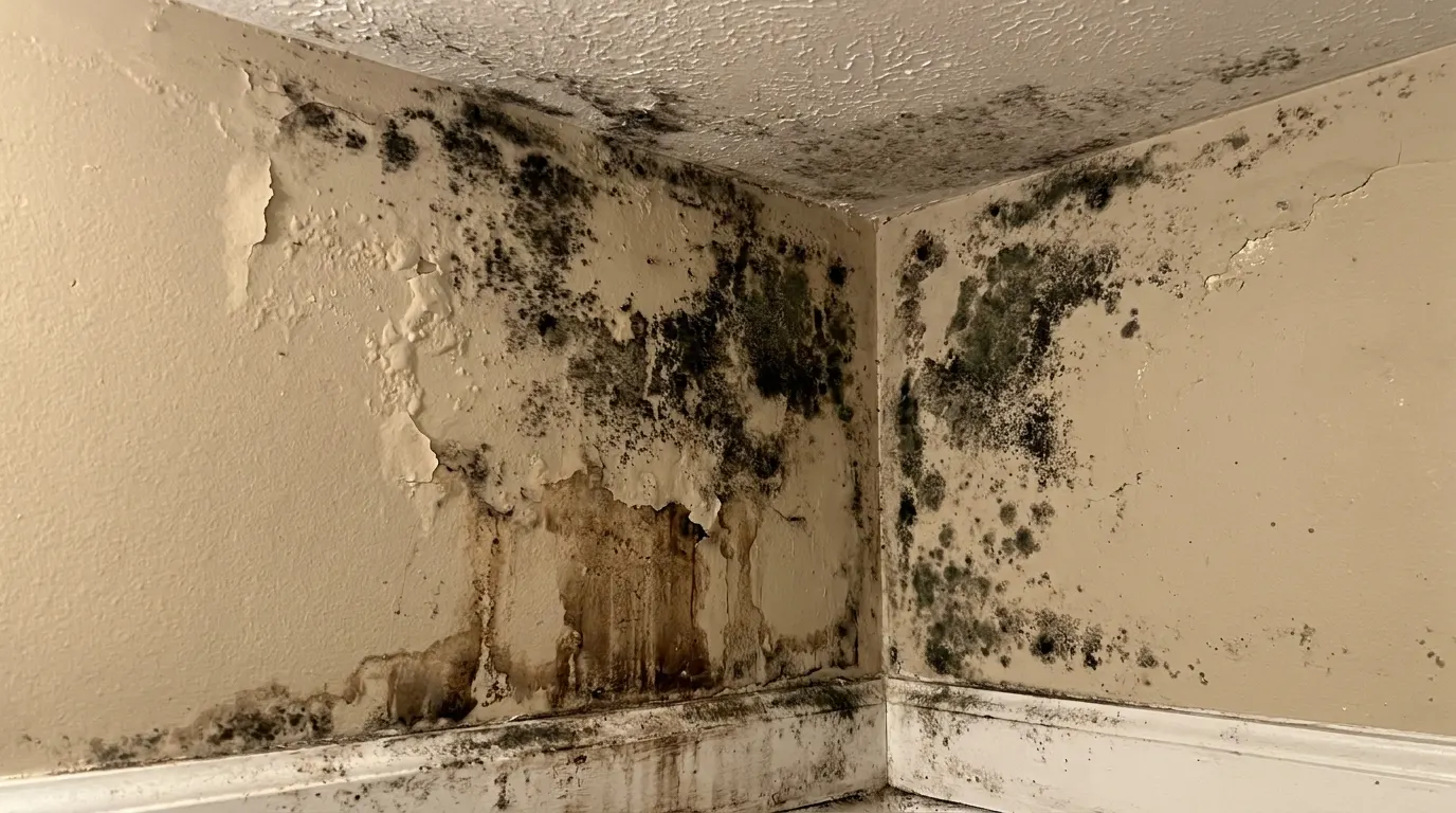 Bathroom wall with spreading mold before remediation
